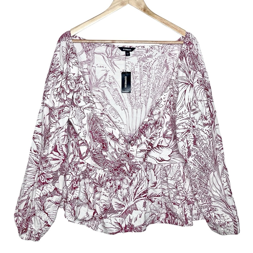 Express Tropical Floral Bird Print Blouse Top Womens Size XL Ruffled Long Sleeve